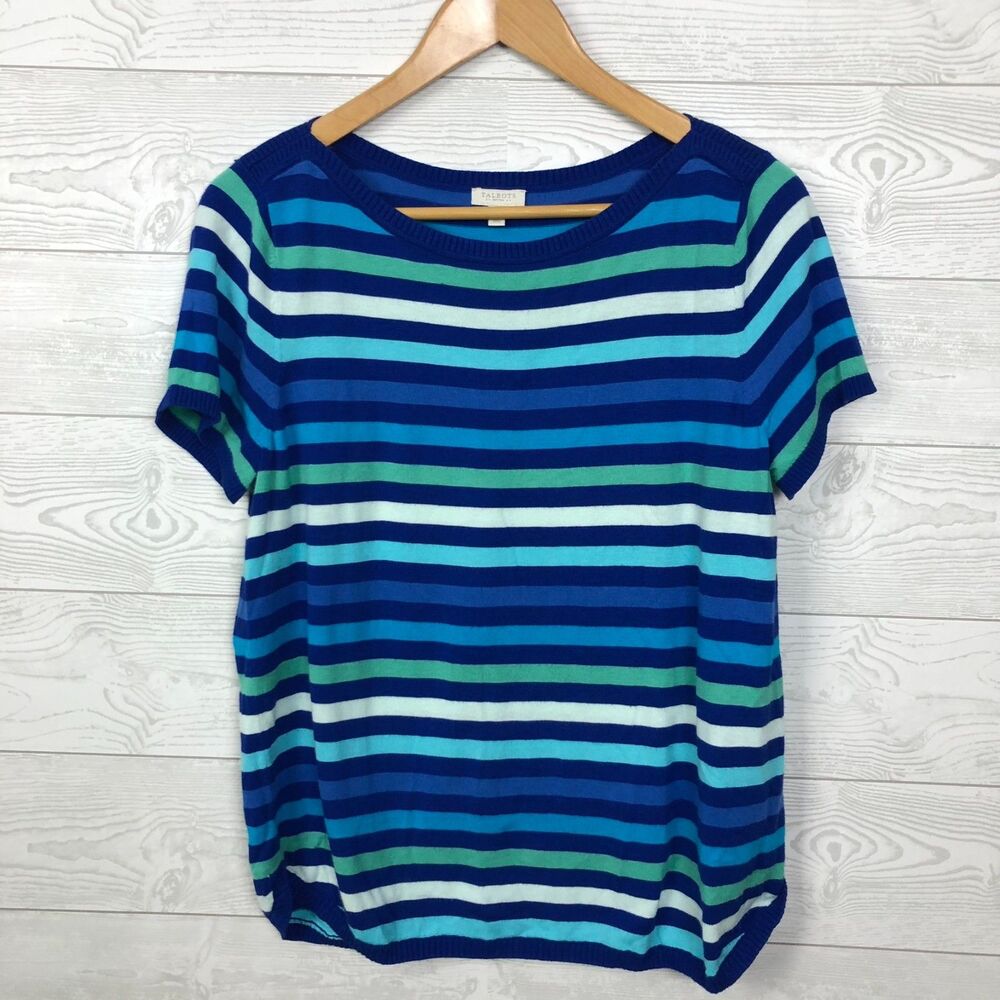 Talbots Women's Medium PETITE Striped Short Sleeve Sweater Blue Cotton Blend